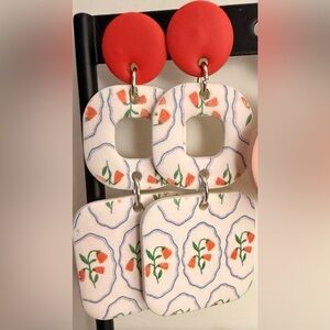 Floral Red and White Dangle Earrings Polymer Clay Handmade